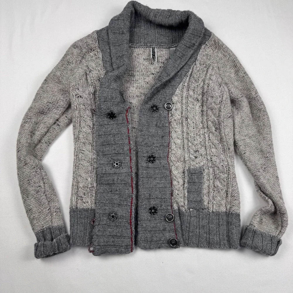 BKE Cardigan Sweater Women L Grey Wool Alpaca OtherBlend Shawl Collar Cable Knit